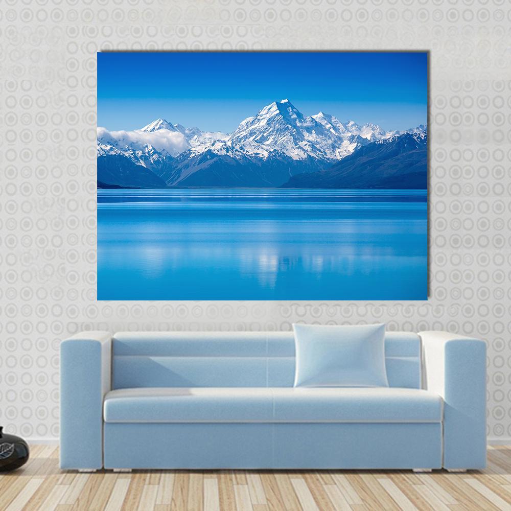 Lake Pukaki Canvas Wall Art in white and blue, single panel hung on a wall