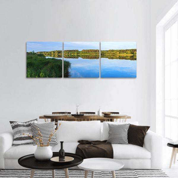 Lake Roth in Bavaria Panoramic Canvas Wall Art in green and blue, hung on a wall