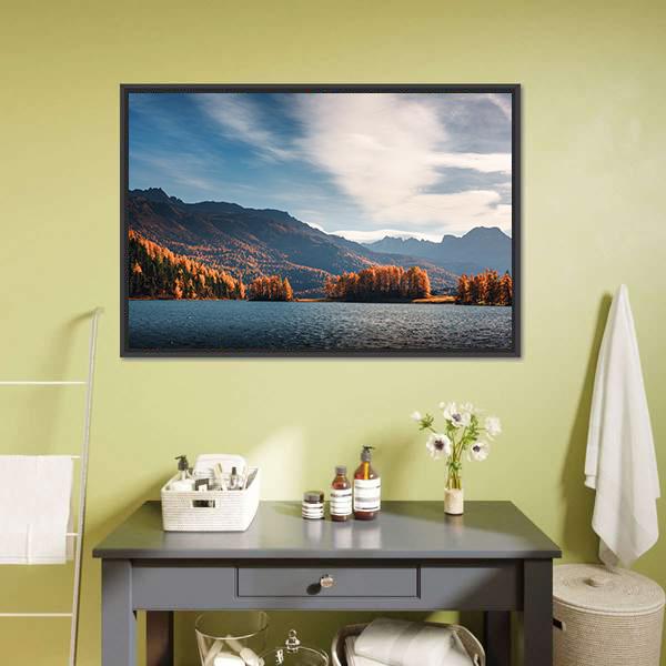 Lake Silvaplana In Autumn Canvas Wall Art-1 Piece-Floating Frame-24" x 16"-Tiaracle