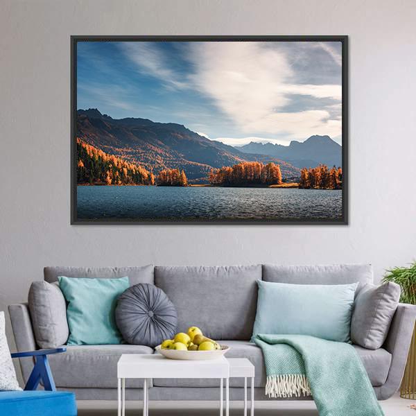 Lake Silvaplana In Autumn Canvas Wall Art-3 Horizontal-Gallery Wrap-25" x 16"-Tiaracle