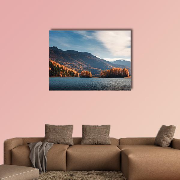 Lake Silvaplana in Autumn Canvas Wall Art in brown, orange and blue, single panel hung on a wall