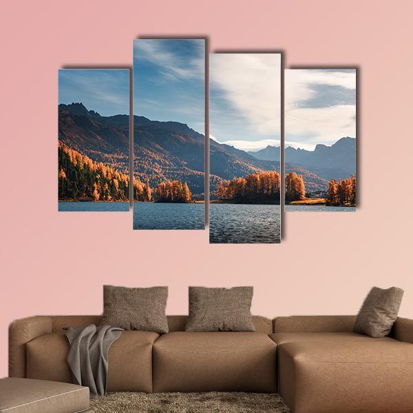 Lake Silvaplana In Autumn Canvas Wall Art-4 Pop-Gallery Wrap-50" x 32"-Tiaracle
