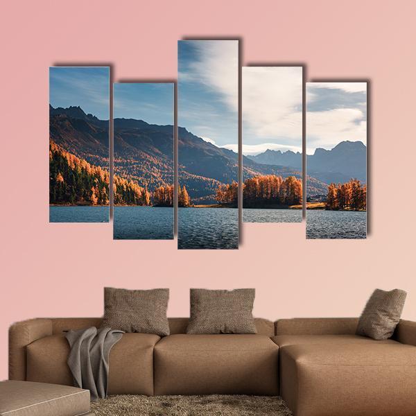 Lake Silvaplana In Autumn Canvas Wall Art-5 Pop-Gallery Wrap-47" x 32"-Tiaracle