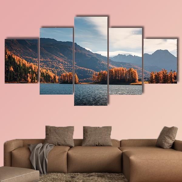 Lake Silvaplana In Autumn Canvas Wall Art-5 Star-Gallery Wrap-62" x 32"-Tiaracle