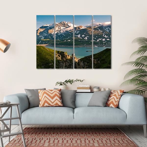 Lake & Snowcapped Mountain Canvas Wall Art-4 Horizontal-Gallery Wrap-34" x 24"-Tiaracle
