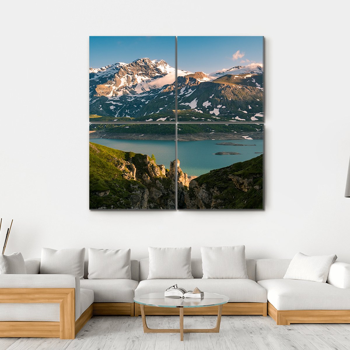 Lake & Snowcapped Mountain Canvas Wall Art-4 Square-Gallery Wrap-17" x 17"-Tiaracle