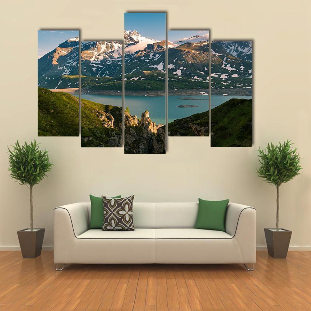 Lake & Snowcapped Mountain Canvas Wall Art-4 Pop-Gallery Wrap-50" x 32"-Tiaracle