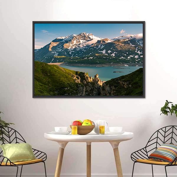 Lake &amp; Snowcapped Mountain Canvas Wall Art-1 Piece-Floating Frame-24" x 16"-Tiaracle