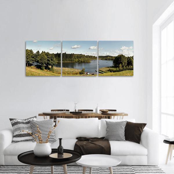 Lake Surrounded By Forest Landscape Panoramic Canvas Wall Art-3 Piece-25" x 08"-Tiaracle