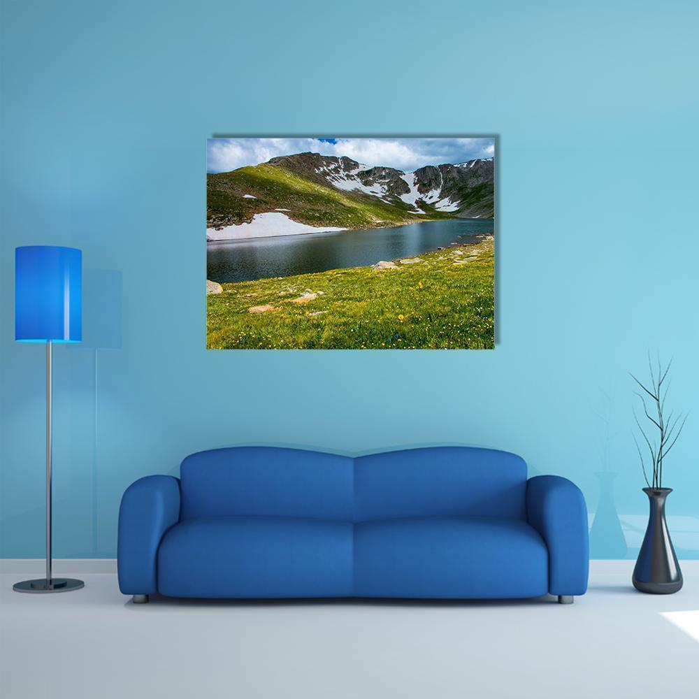 Lake with Mount Evans Canvas Wall Art in white, green and blue, single panel hung on a wall
