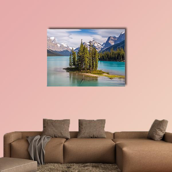Spirit Island at Maligne Lake Canvas Wall Art in white, green and blue, single panel hung on a wall