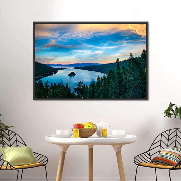 Lake Tahoe Sunset Over Island Canvas Wall Art in orange, green and blue, framed canvas, product view on a white background