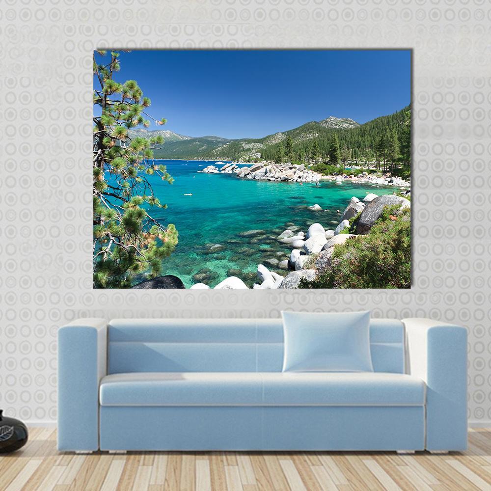 Lake Tahoe California Canvas Wall Art in green and blue, single panel hung on a wall