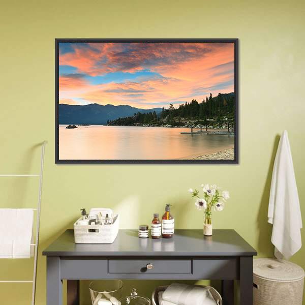Lake Tahoe Sunset Over Pier Canvas Wall Art in beige, orange and blue, framed canvas, product view on a white background
