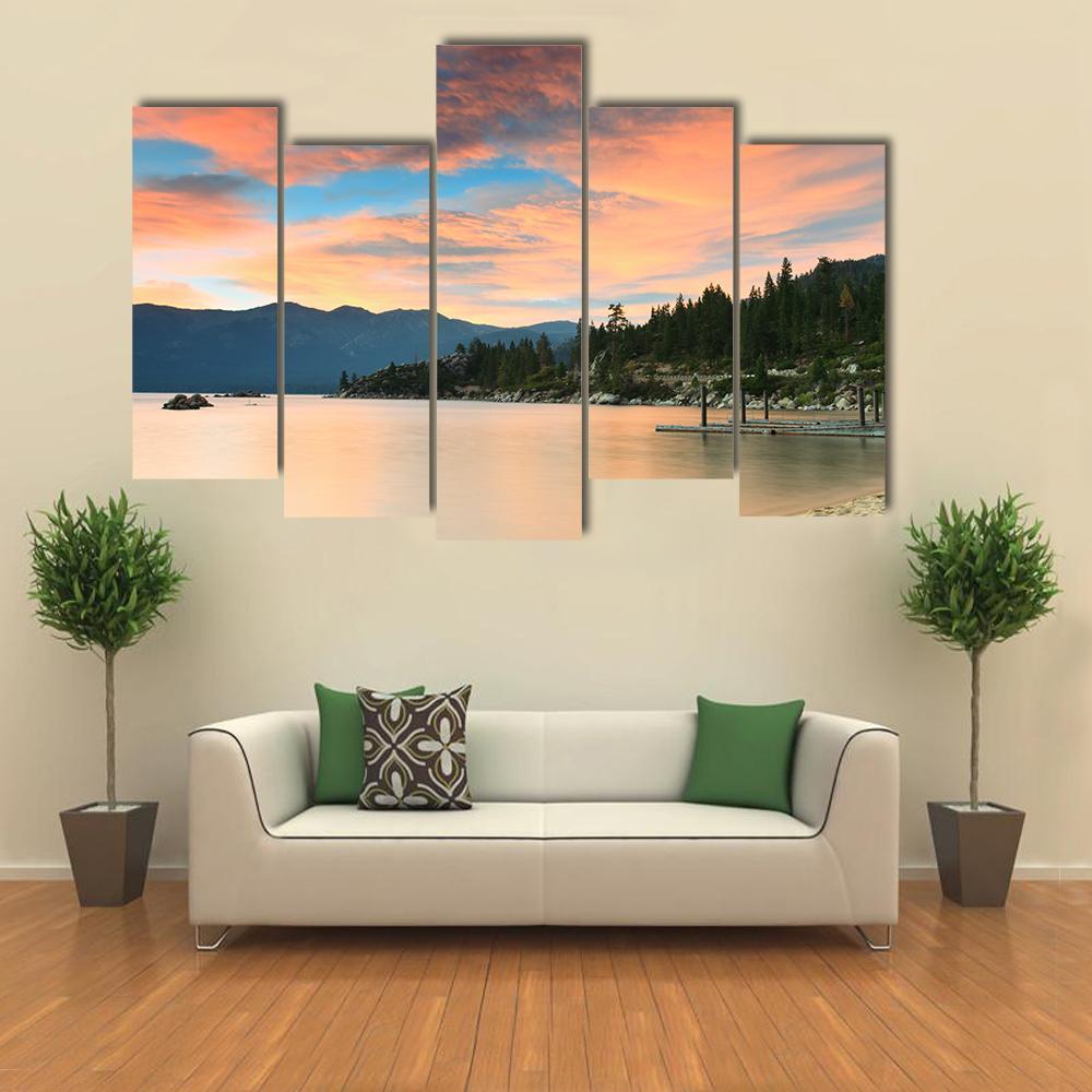 Lake Tahoe Sunset Canvas Wall Art-5 Pop-Gallery Wrap-47" x 32"-Tiaracle