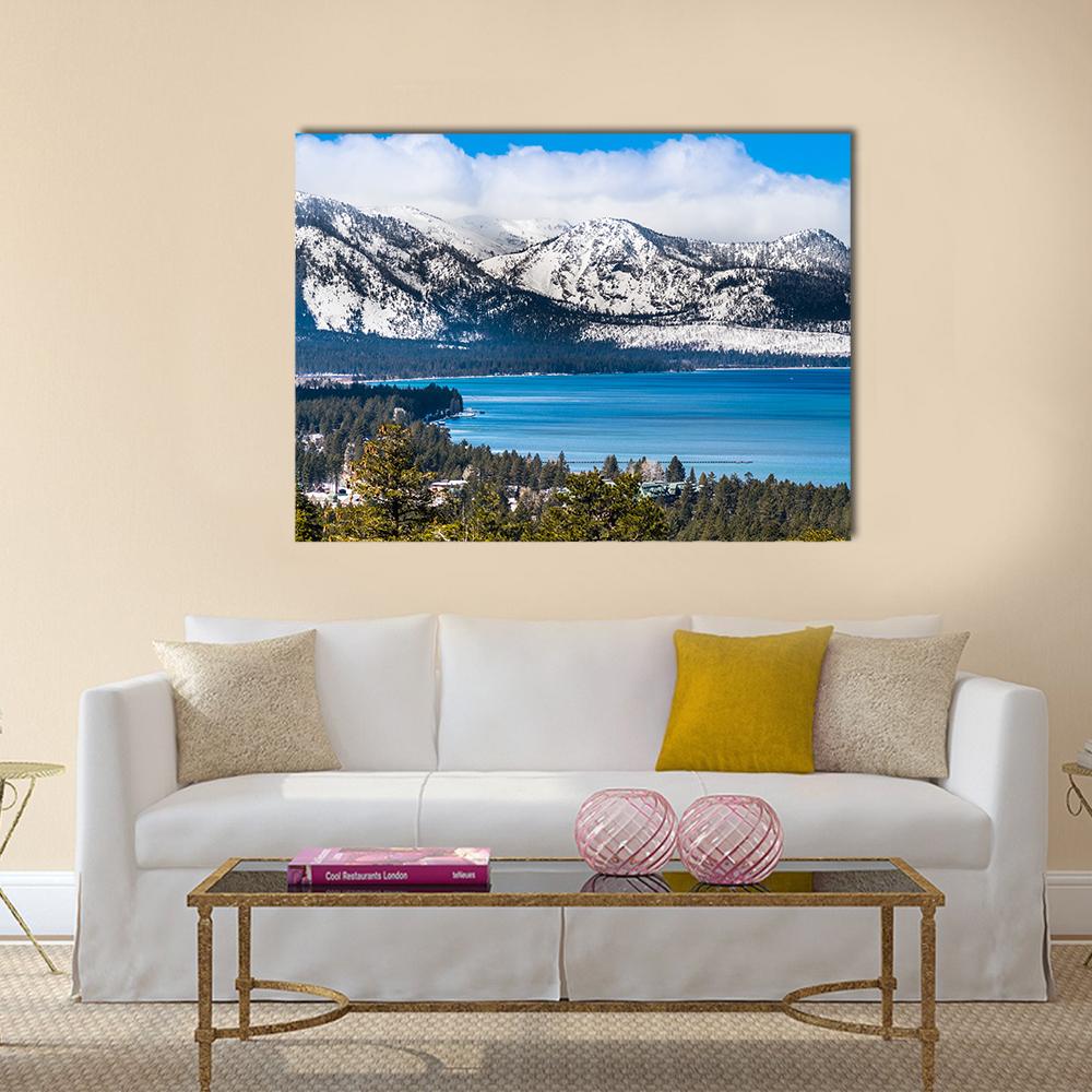 Lake Tahoe and Sierra Mountains Canvas Wall Art in white, green and blue, single panel hung on a wall