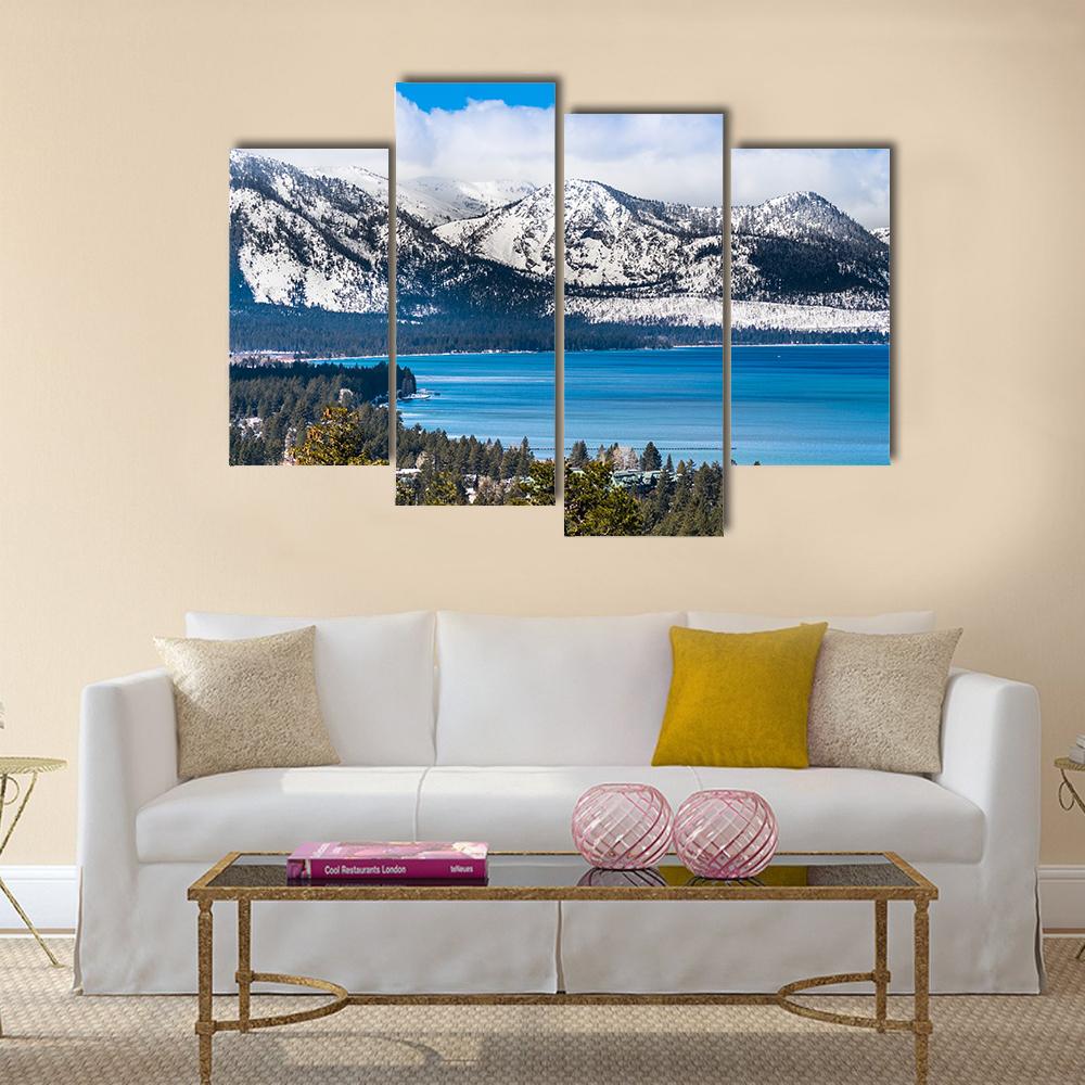 Lake Tahoe With Sierra Mountains Canvas Wall Art-4 Pop-Gallery Wrap-34" x 20"-Tiaracle
