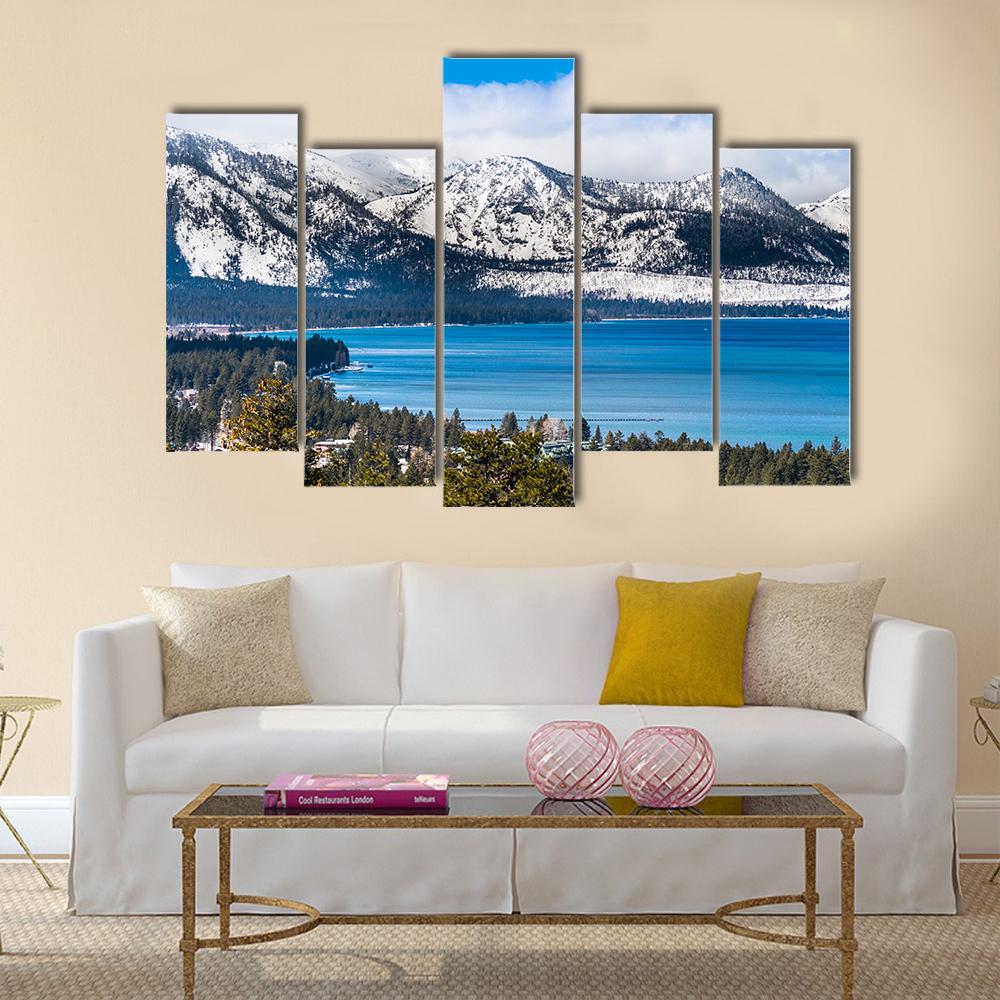 Lake Tahoe With Sierra Mountains Canvas Wall Art-5 Pop-Gallery Wrap-32" x 21"-Tiaracle