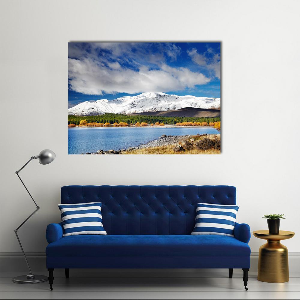 Lake Tekapo Autumn Lake Views Canvas Wall Art in white, brown and blue, single panel hung on a wall