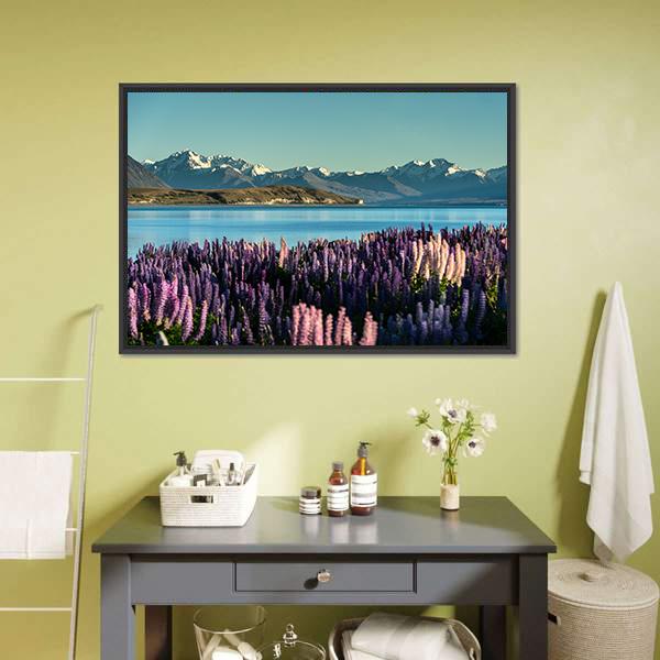 Lake Tekapo Purple Lupine Field Canvas Wall Art in blue, purple and pink, framed canvas, product view on a white background