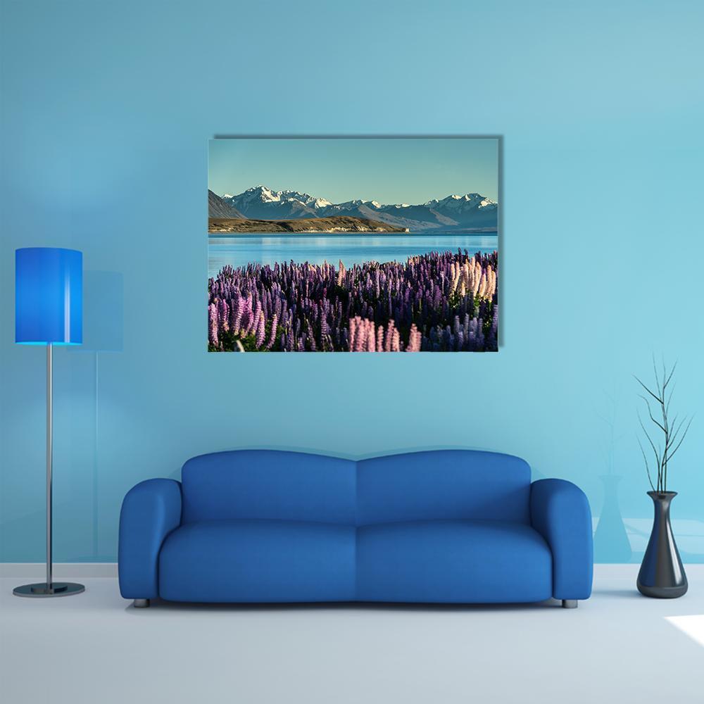 Lake Tekapo Purple Lupine Field Canvas Wall Art in blue, purple and pink, single panel hung on a wall
