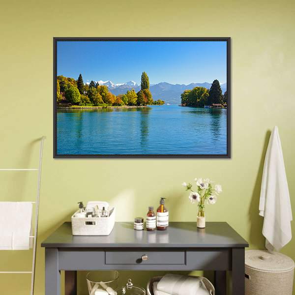 Lake Thun In Autumn Canvas Wall Art-1 Piece-Floating Frame-24" x 16"-Tiaracle