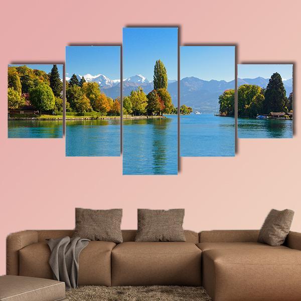 Lake Thun In Autumn Canvas Wall Art-5 Star-Gallery Wrap-62" x 32"-Tiaracle