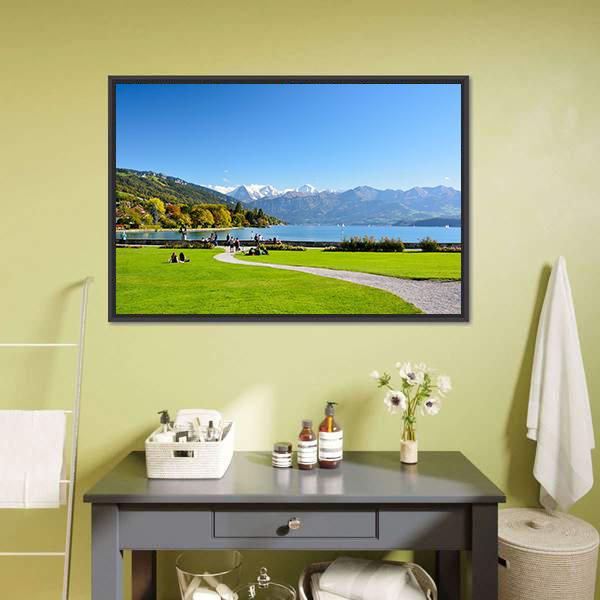 Lake Thun With Jungfrau Mountain Canvas Wall Art-1 Piece-Floating Frame-24" x 16"-Tiaracle