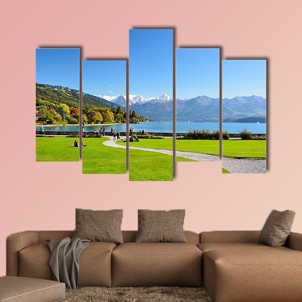 Lake Thun With Jungfrau Mountain Canvas Wall Art-4 Pop-Gallery Wrap-50" x 32"-Tiaracle