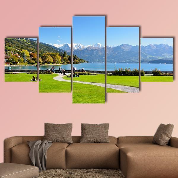 Lake Thun With Jungfrau Mountain Canvas Wall Art-5 Star-Gallery Wrap-62" x 32"-Tiaracle