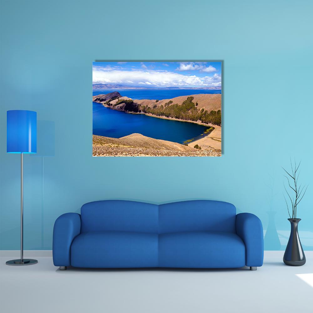 Lake Titicaca, Bolivia Blue Waters Canvas Wall Art in white, brown and blue, single panel hung on a wall