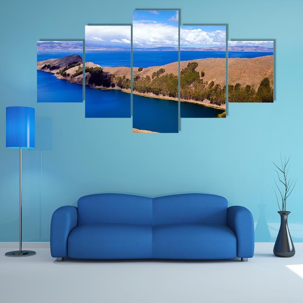 Lake Titicaca, Bolivia Blue Waters Canvas Wall Art in white, brown and blue, 5 panel Star layout hung on a wall