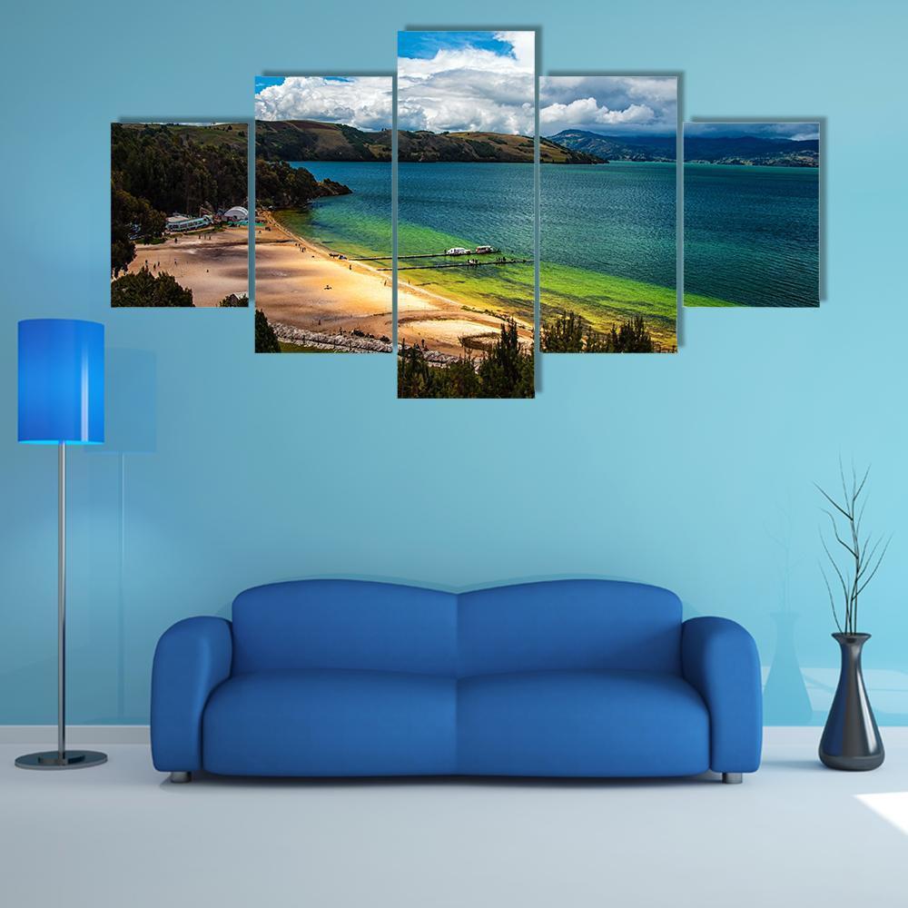 Lake Tota Colombia Lakeshore Canvas Wall Art in white, green and blue, 5 panel Star layout hung on a wall
