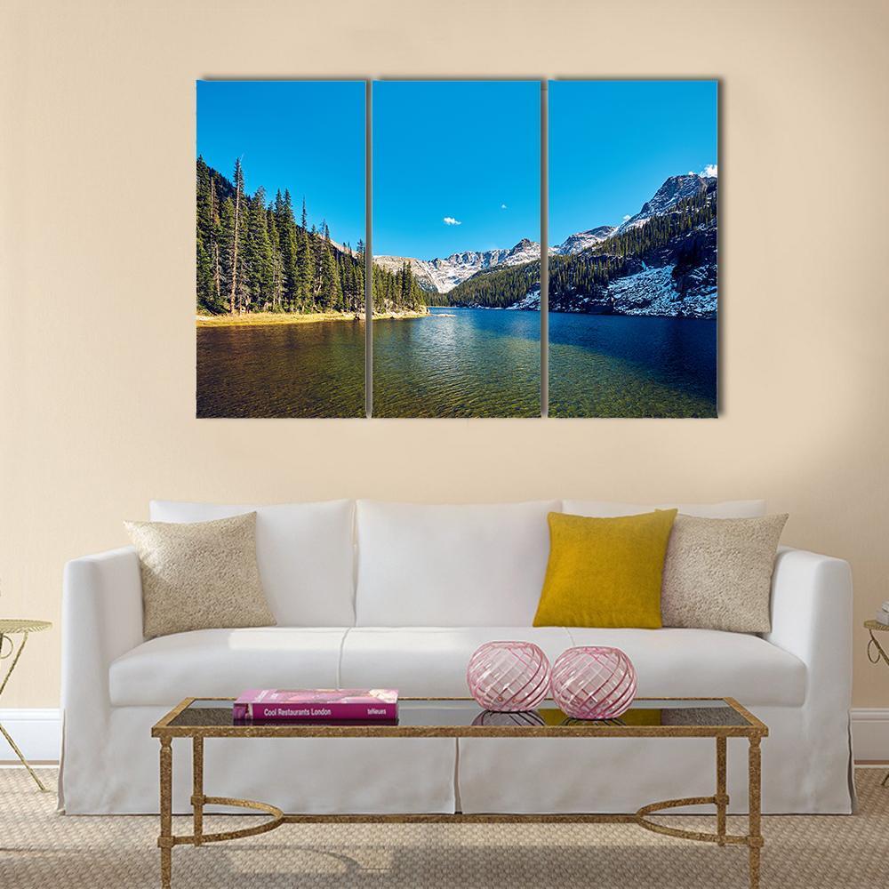 Sunlit Mountain Lake with Evergreens Canvas Wall Art - Tiaracle