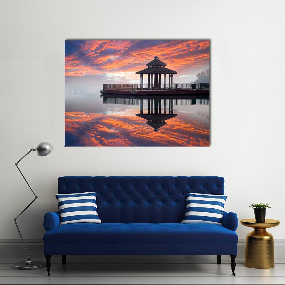 Sun Moon Lake Gazebo at Sunset Canvas Wall Art in gray, orange and blue, single panel hung on a wall