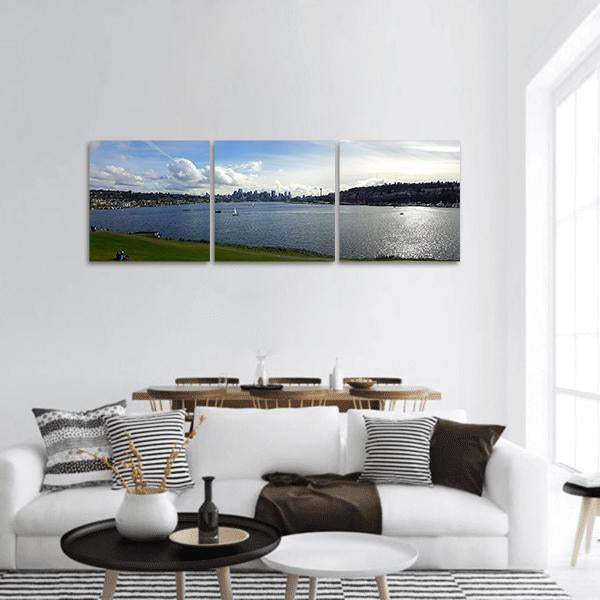 Seattle Lake View with Space Needle Panoramic Canvas Wall Art in white, gray and blue, hung on a wall