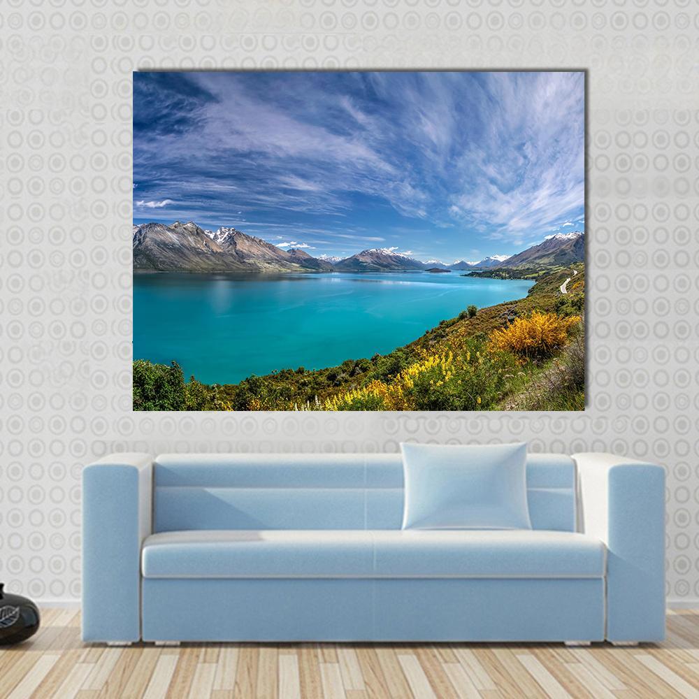 Lake Wakatipu New Zealand Canvas Wall Art in white, green and blue, single panel hung on a wall