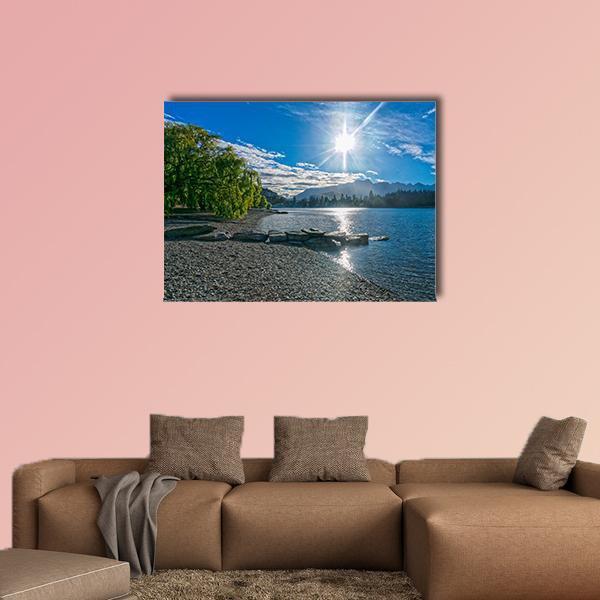 Lake Wakatipu at Sunrise Canvas Wall Art in gray, green and blue, single panel hung on a wall
