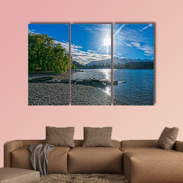 Lake Wakatipu With Sun Canvas Wall Art-3 Horizontal-Gallery Wrap-37" x 24"-Tiaracle