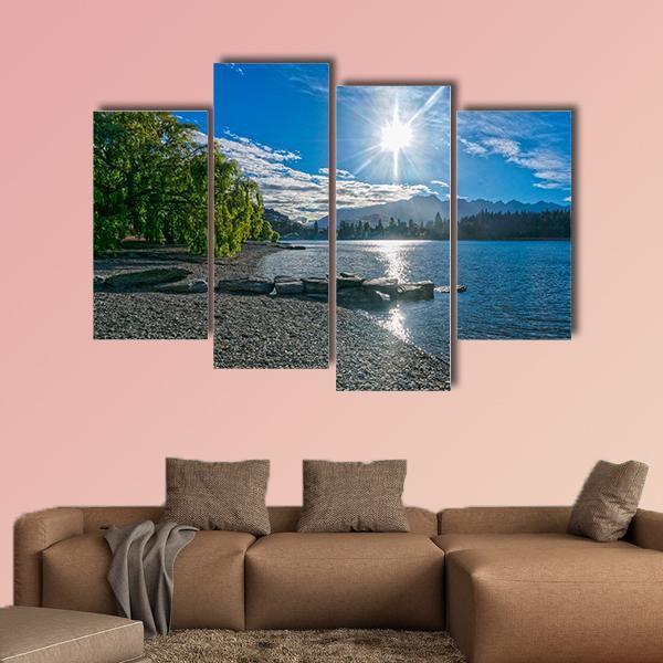 Lake Wakatipu With Sun Canvas Wall Art-4 Pop-Gallery Wrap-50" x 32"-Tiaracle