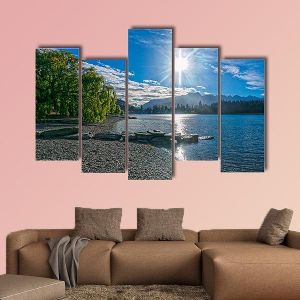 Lake Wakatipu With Sun Canvas Wall Art-5 Pop-Gallery Wrap-47" x 32"-Tiaracle