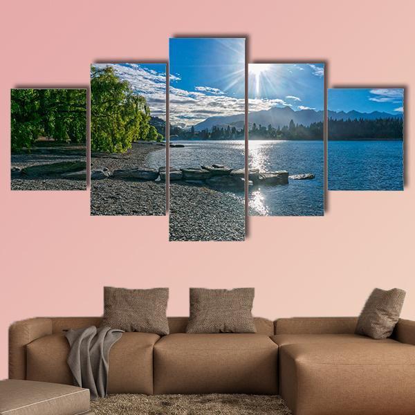 Lake Wakatipu With Sun Canvas Wall Art-5 Star-Gallery Wrap-62" x 32"-Tiaracle