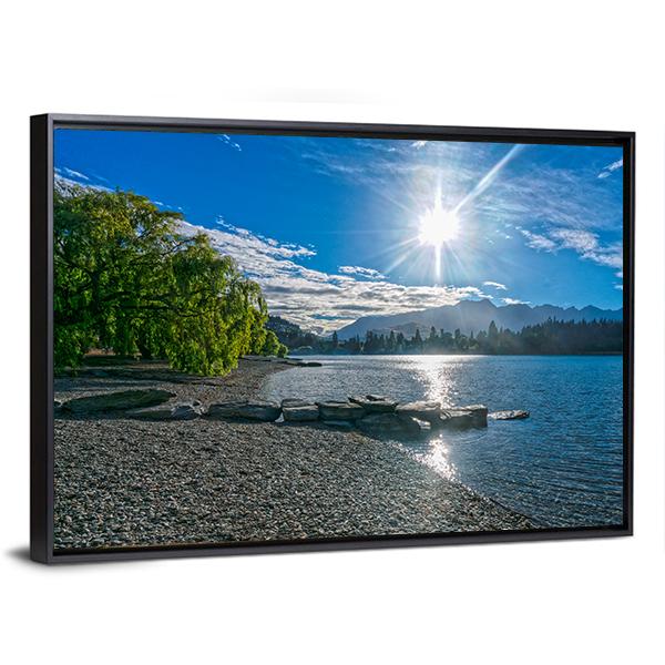 Lake Wakatipu With Sun Canvas Wall Art-3 Horizontal-Gallery Wrap-25" x 16"-Tiaracle