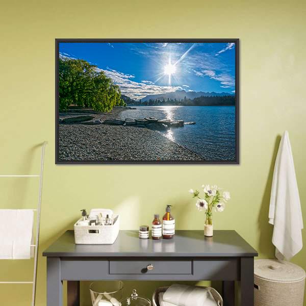 Lake Wakatipu With Sun Canvas Wall Art-1 Piece-Floating Frame-24" x 16"-Tiaracle