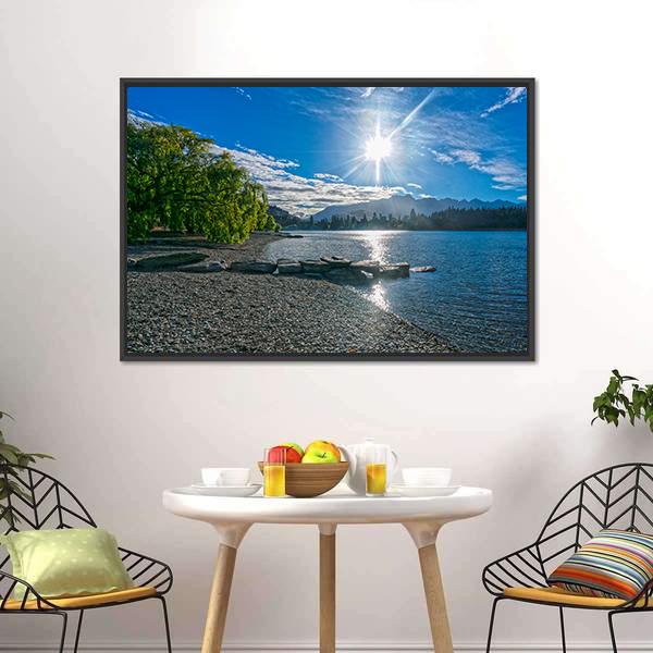 Lake Wakatipu With Sun Canvas Wall Art-3 Horizontal-Gallery Wrap-25" x 16"-Tiaracle