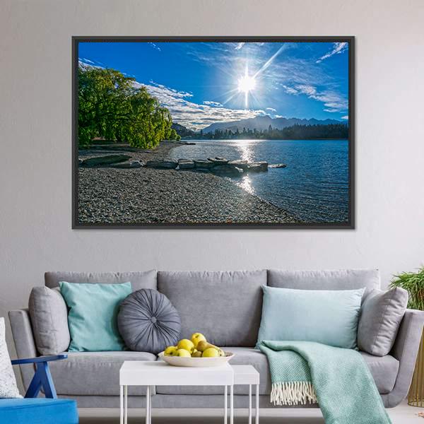 Lake Wakatipu With Sun Canvas Wall Art-3 Horizontal-Gallery Wrap-25" x 16"-Tiaracle