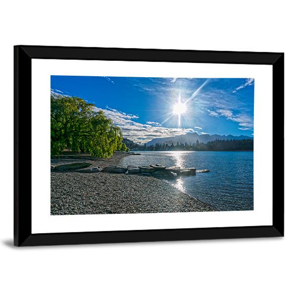 Lake Wakatipu With Sun Canvas Wall Art-3 Horizontal-Gallery Wrap-25" x 16"-Tiaracle