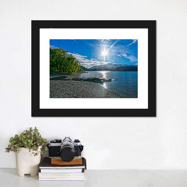 Lake Wakatipu With Sun Canvas Wall Art-1 Piece-Framed Print-20" x 16"-Tiaracle