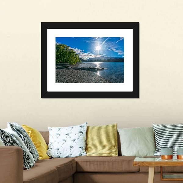 Lake Wakatipu With Sun Canvas Wall Art-3 Horizontal-Gallery Wrap-25" x 16"-Tiaracle