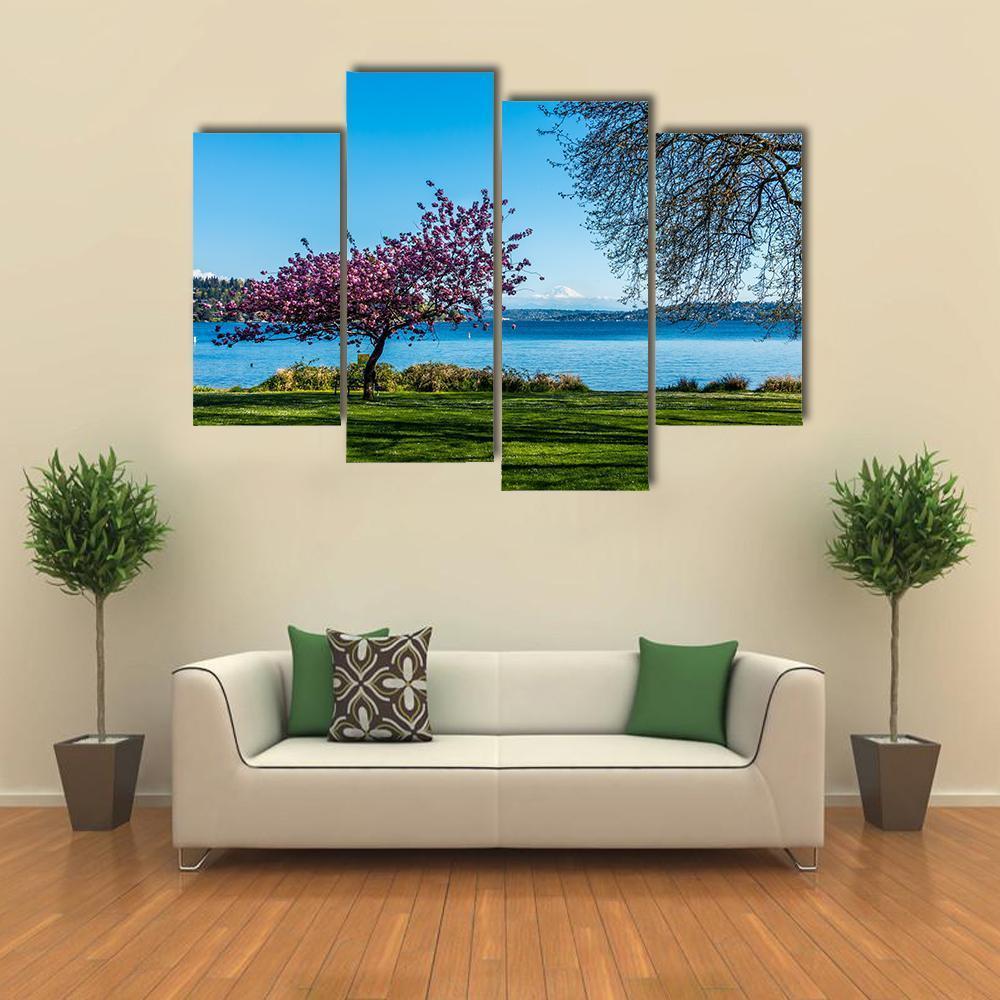 Cherry Tree Near Lake Canvas Wall Art-4 Pop-Gallery Wrap-50" x 32"-Tiaracle